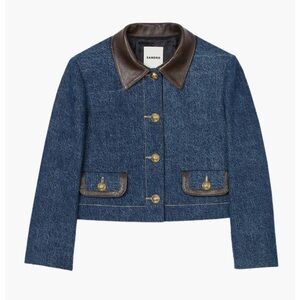 Sandro Denim Jacket with Leather Collar